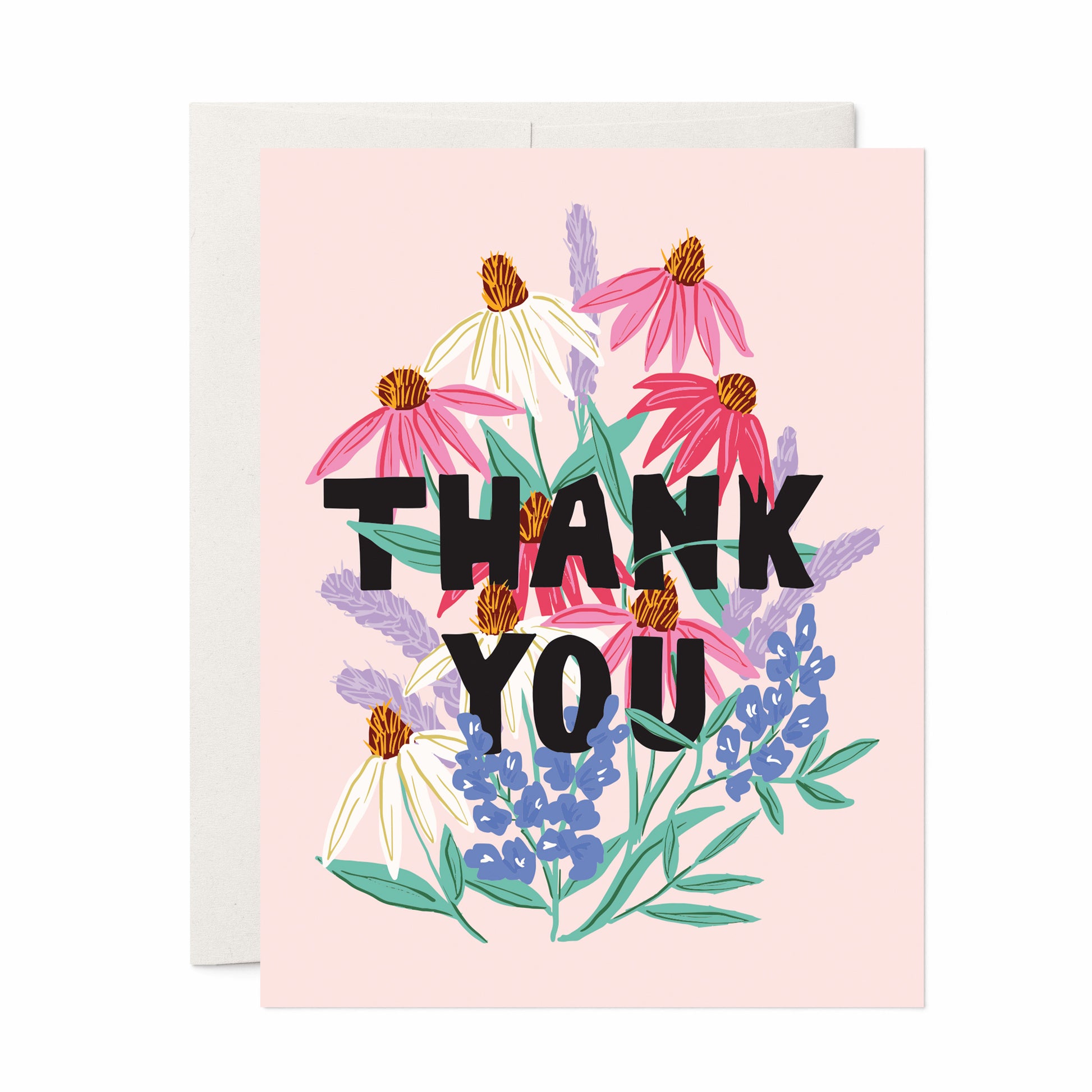 Thank you card featuring a beautiful cone flower illustration with soft, vibrant colors on a pink background with bold type face saying "thank you"