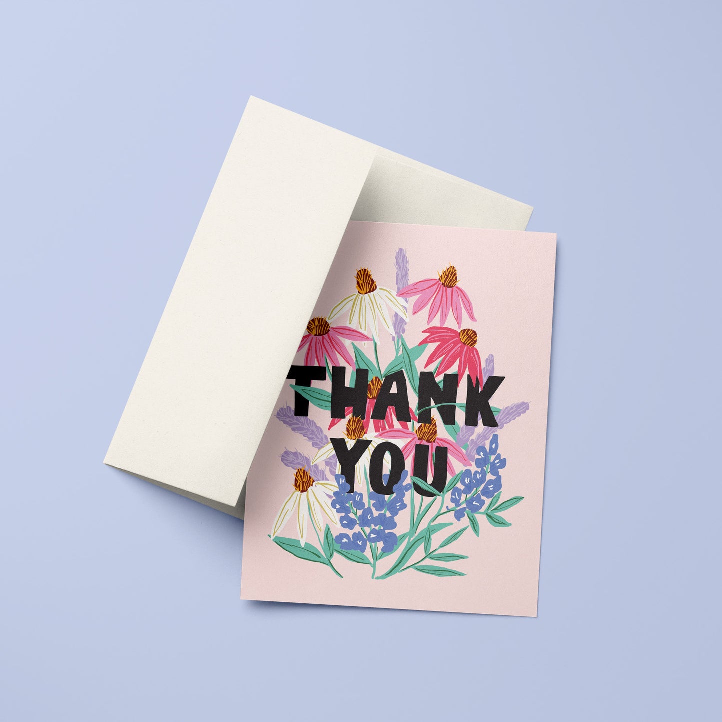 Thank you card featuring a beautiful cone flower illustration with soft, vibrant colors on a pink background with bold type face saying "thank you"