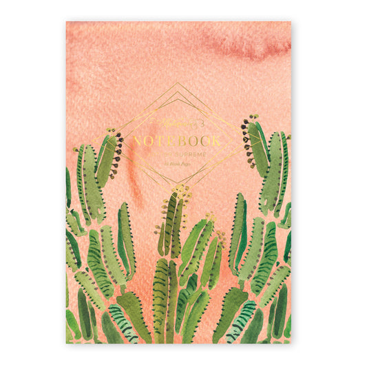 watercolor cactus on a coral back ground, softcover staple-bound notebook. Blank interior pages. 