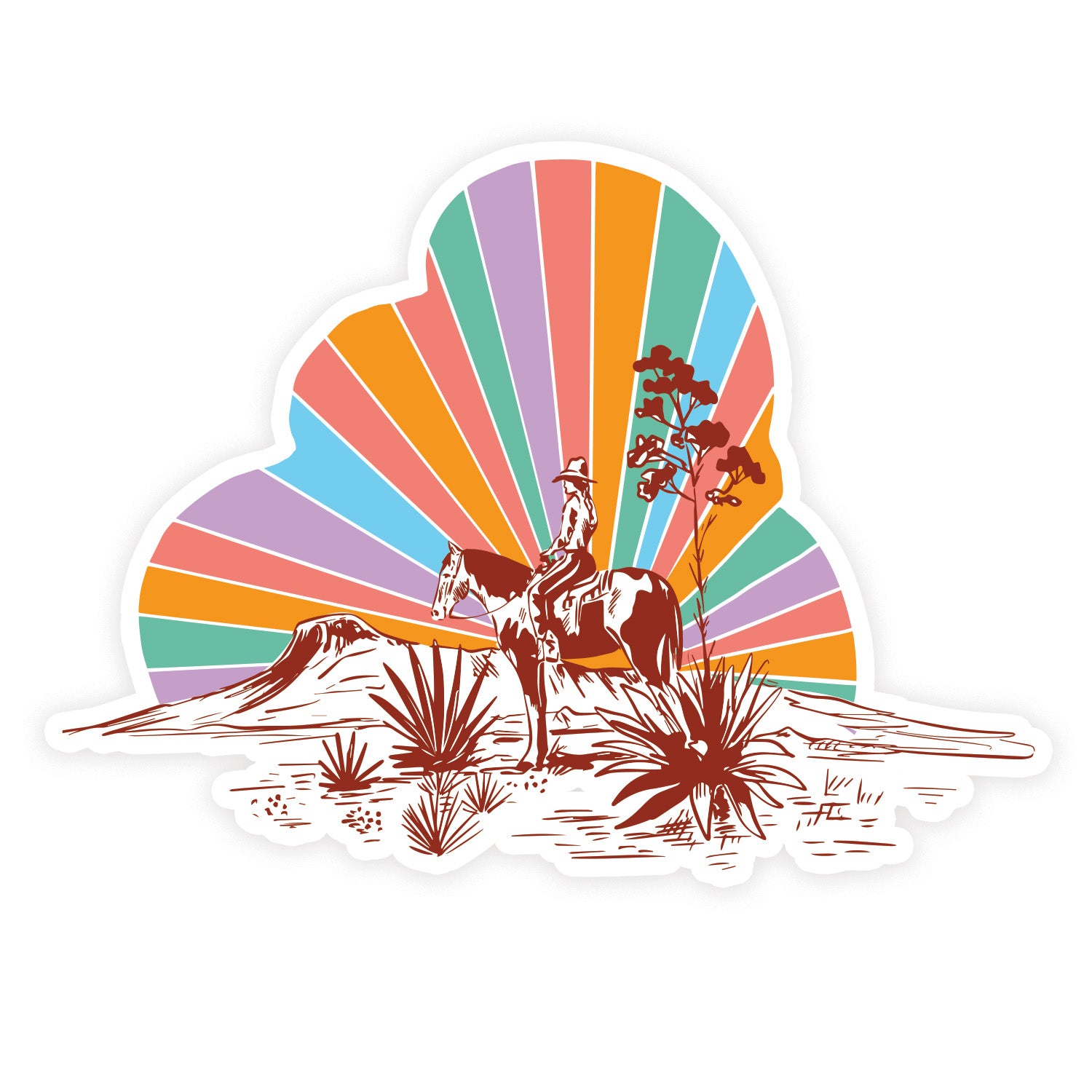 Sticker of a cowgirl riding a horse in the desert with colorful rainbow sunset rays in the background.