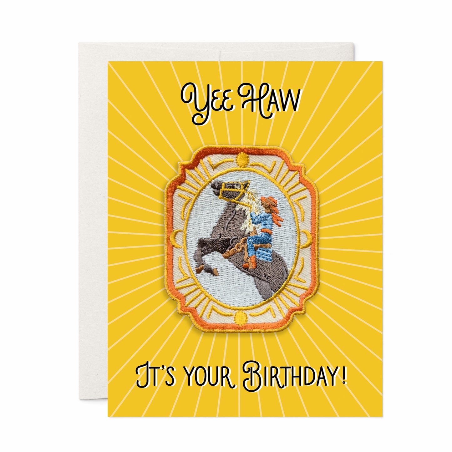 Charming birthday card featuring an iron-on cowgirl patch with Western motifs, perfect for those with a love for the wild west.