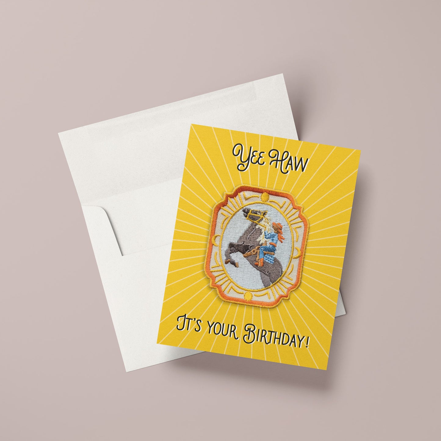 Charming birthday card featuring an iron-on cowgirl patch with Western motifs, perfect for those with a love for the wild west.