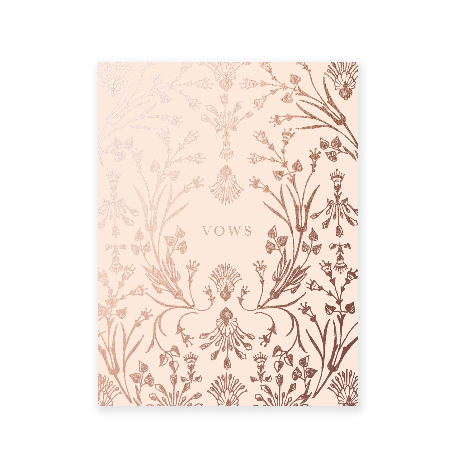 Cream colored softcover staple-bound notebook with botanical pattern in gold accent with the word "vows" in gold foil.