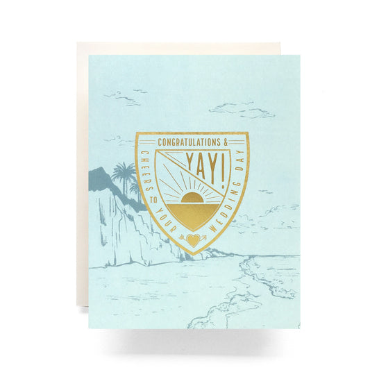 Crest Wedding Wishes card with sophisticated design and beachy landscape- ideal for congratulating newlyweds.