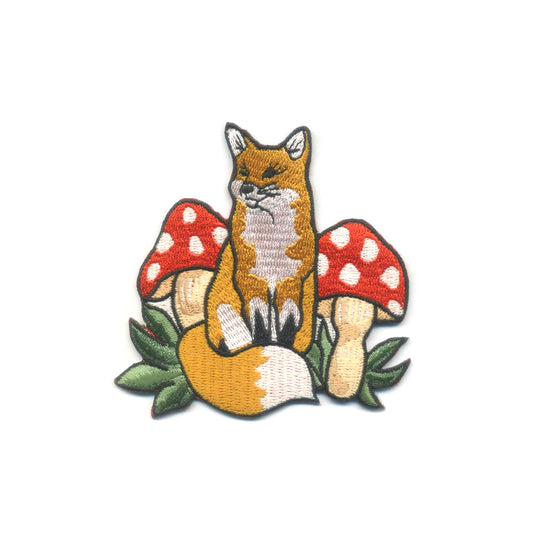 Cute fox embroidered iron-on patch in vibrant colors, great for personalizing clothing and backpacks.