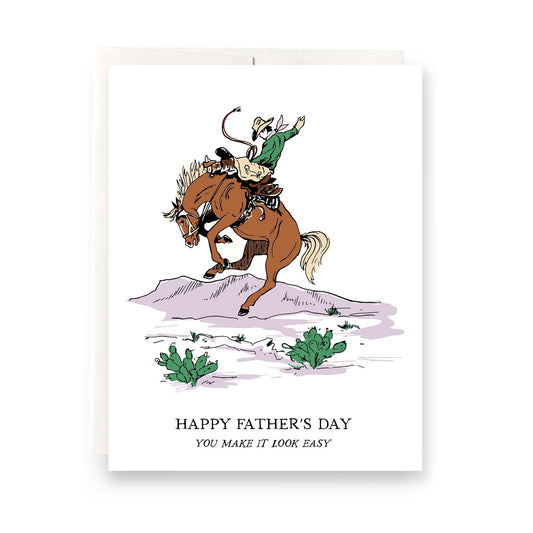 Bucking Bronc Father's Day card with a cowboy on a bucking bronco in a desert. Cowboy and rodeo theme, great for dads who enjoy western traditions