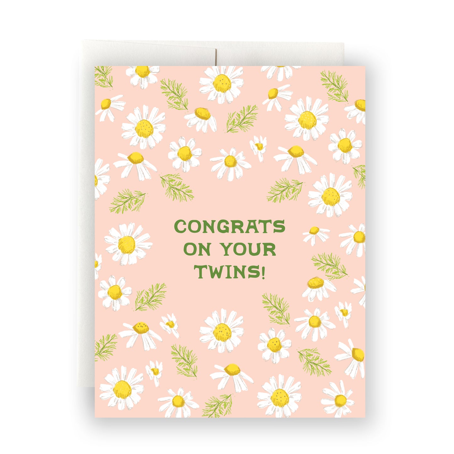 Daisy design on a soft pink background with 'Congrats on Your Twins' on a blank card.