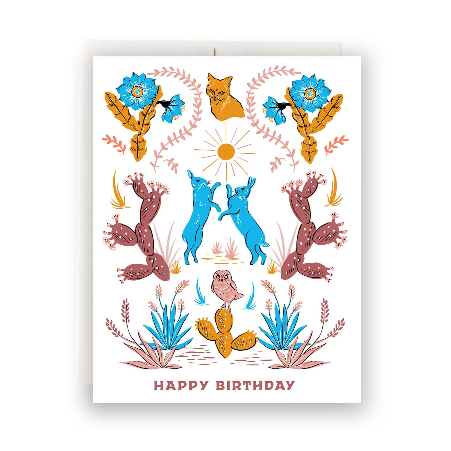 Unique birthday card featuring desert folk art, with intricate cacti and desert animal illustrations in vibrant colors inspired by desert landscapes and cultures.