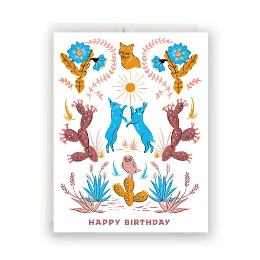 Unique birthday card featuring desert folk art, with intricate cacti and desert animal illustrations in vibrant colors inspired by desert landscapes and cultures.