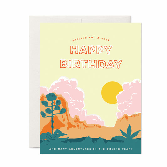 Scenic birthday card depicting the majestic landscapes of Big Bend National Park, featuring rugged mountains and vibrant desert flora.