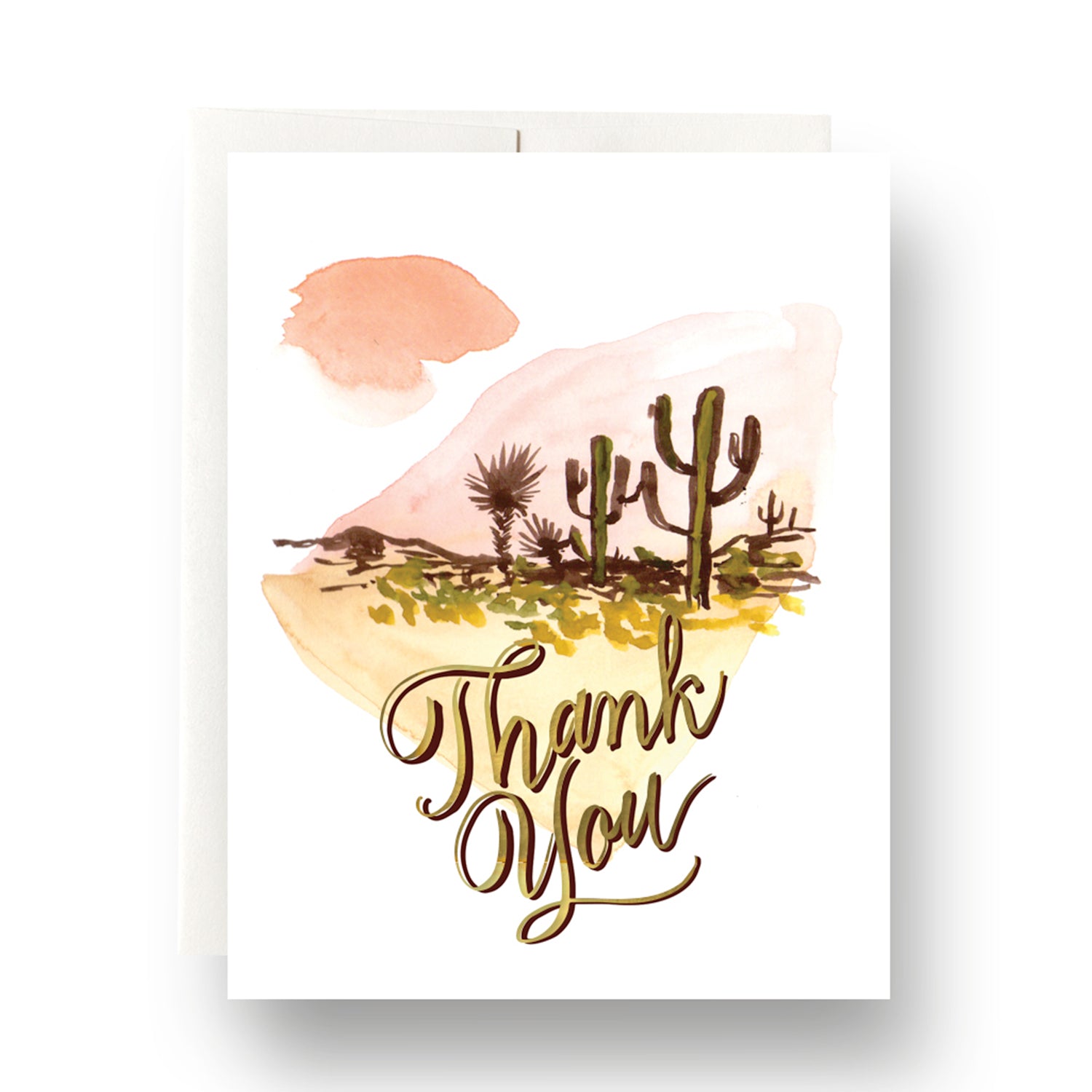 Thank you card with silhouette cacti in a desert land scape design on a backdrop of abstract watercolor.