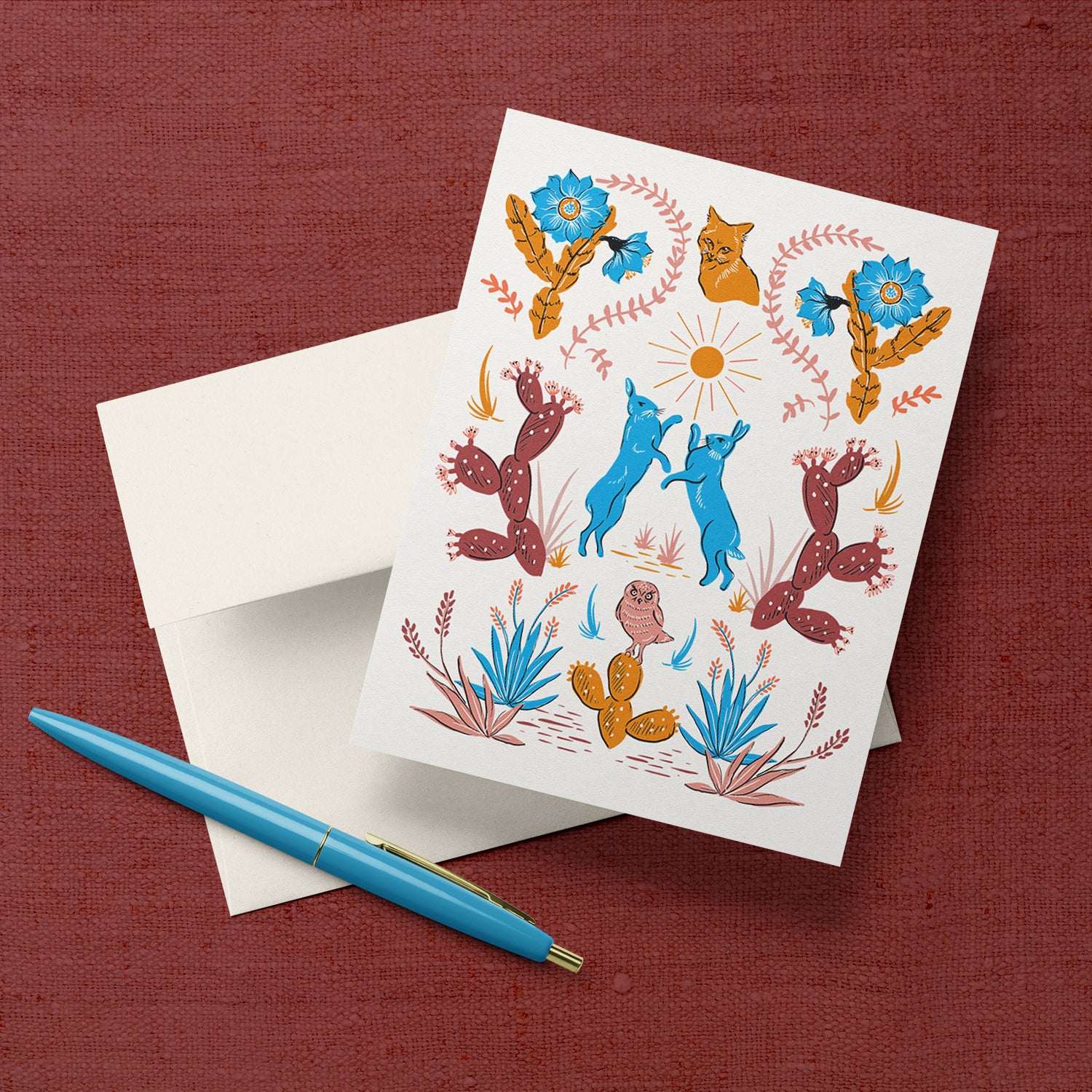 Blank card with desert motifs including cacti and animals, ideal for nature lovers and any occasion.
