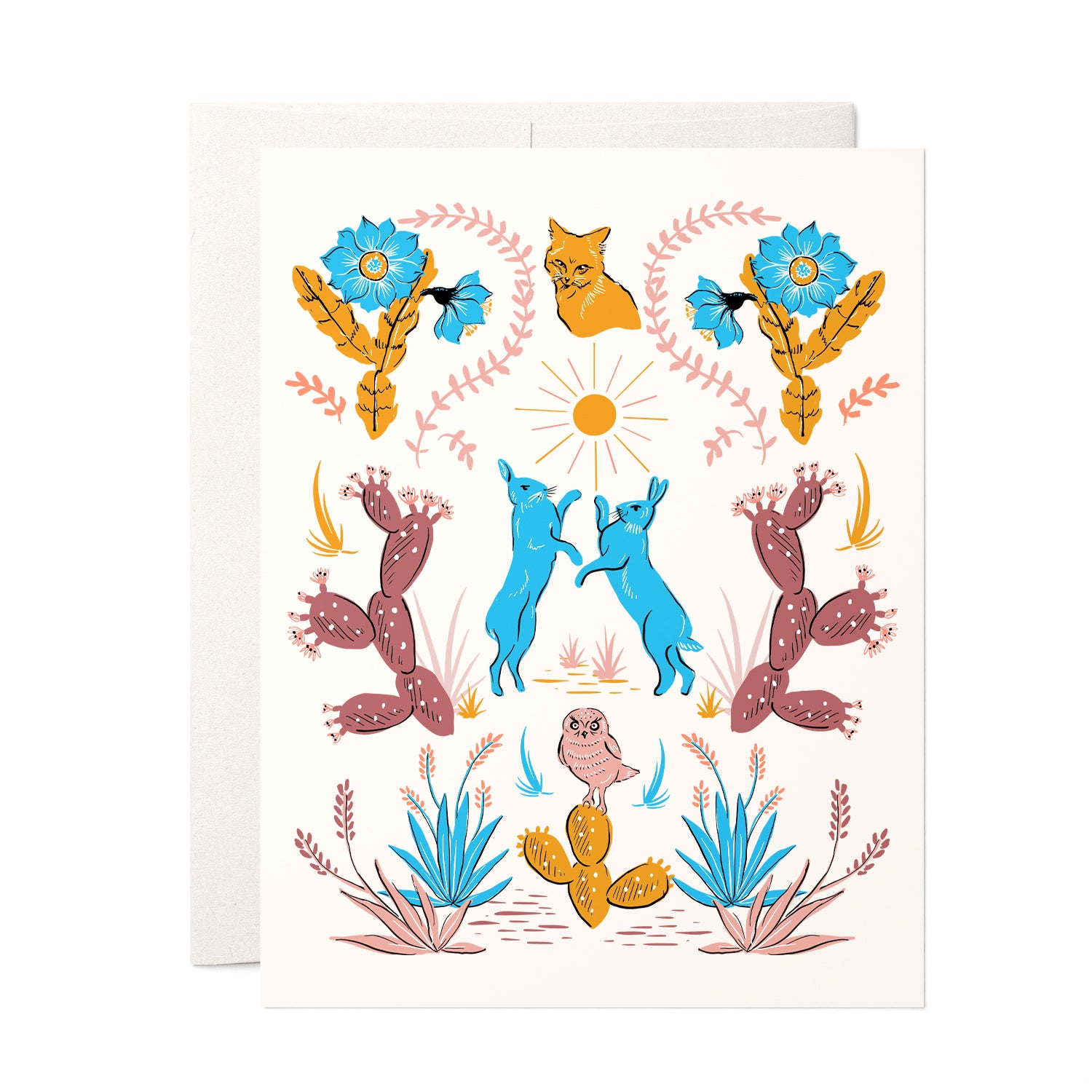 Blank card with desert motifs including cacti and animals, ideal for nature lovers and any occasion.
