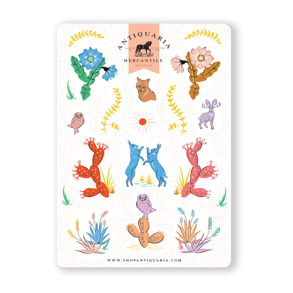 Vibrant cactus-themed sticker sheet showcasing a variety of colorful cactus designs and desert animals, ideal for embellishing notebooks, water bottles, or creative projects.