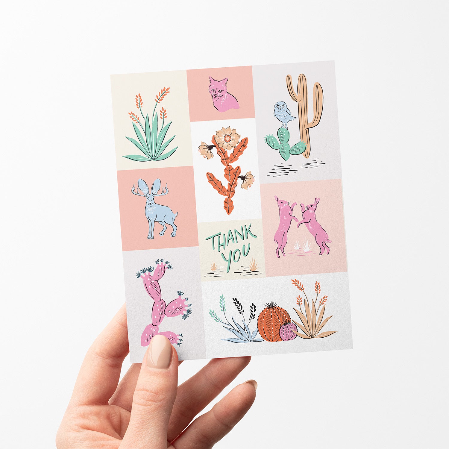 Thank you card with desert-themed illustrations including cacti, flowers, jackrabbits, fox, and owl.