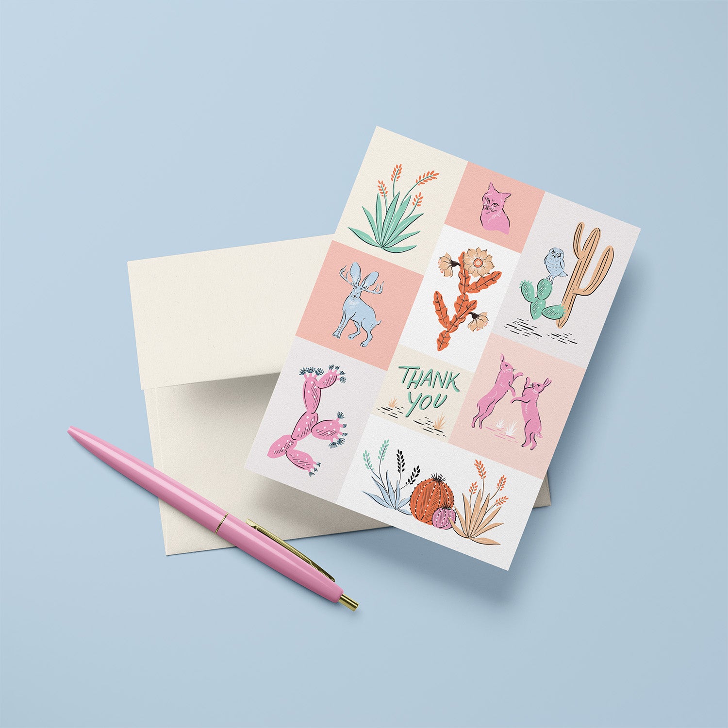 Thank you card with desert-themed illustrations including cacti, flowers, jackrabbits, fox, and owl.