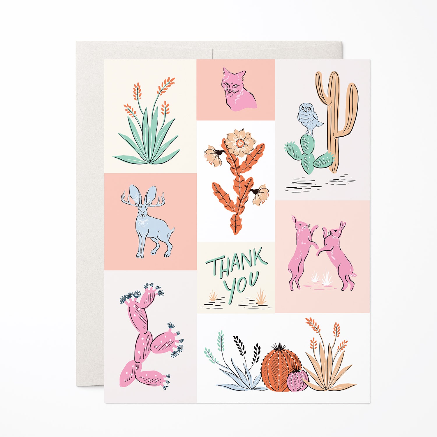 Thank you card with desert-themed illustrations including cacti, flowers, jackrabbits, fox, and owl.