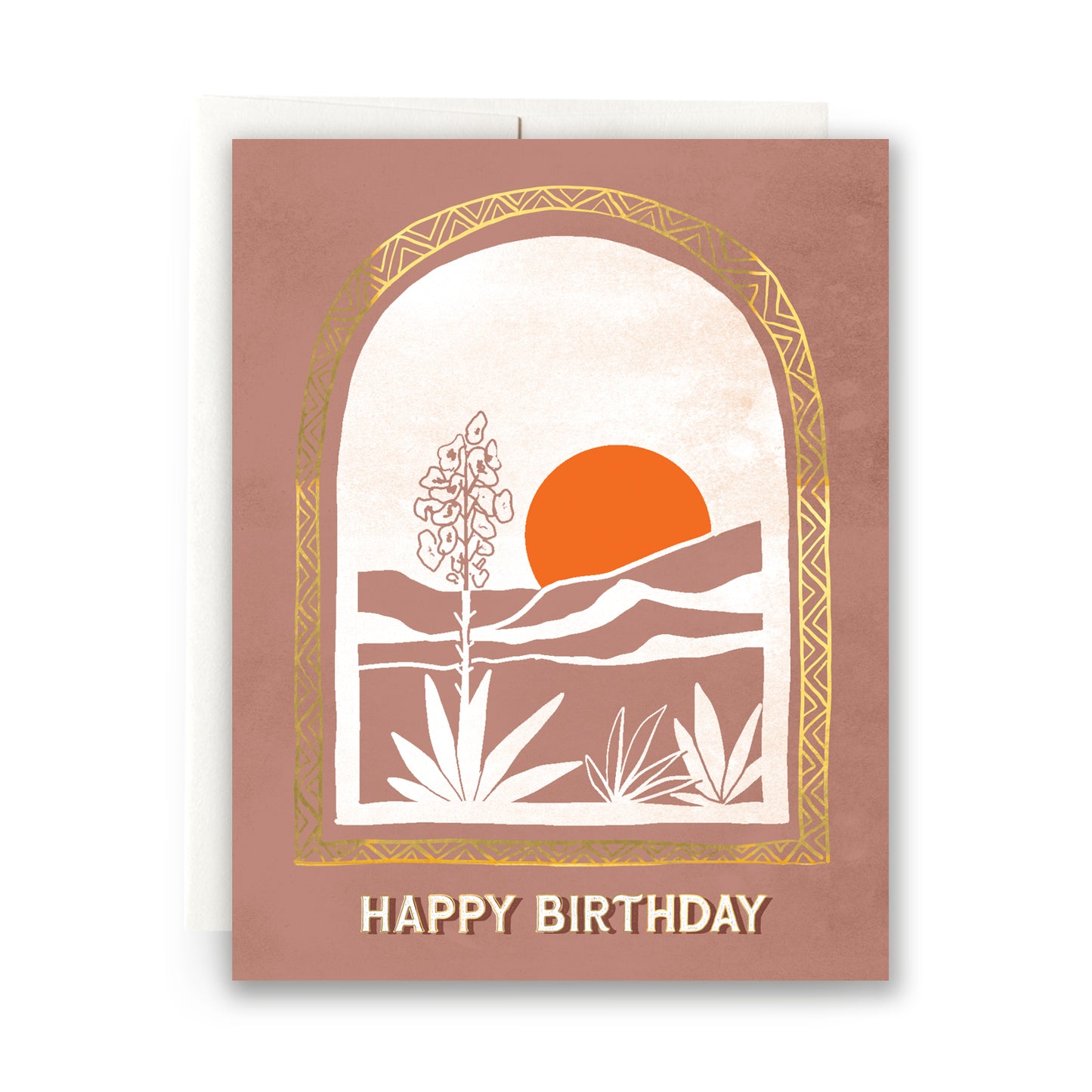 Scenic birthday card featuring a sweeping desert vista with cacti, sand dunes, and a warm sunset, perfect for a nature-inspired celebration.