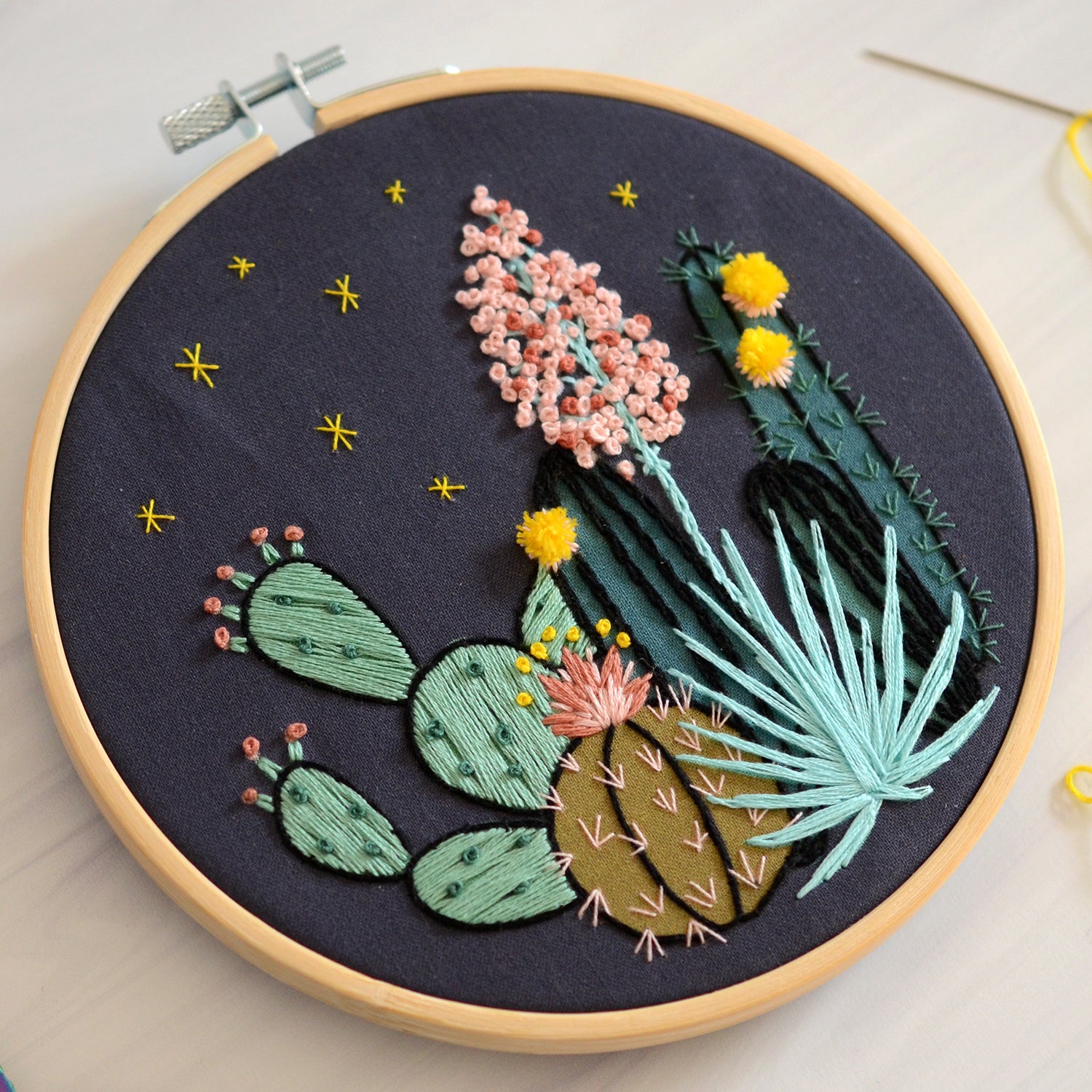 Embroidery kit with fabric, wooden hoop, thread, needle, and instructions for beginners, featuring a night time desert scene 
