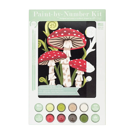 Paint by number kit featuring red and white agaric mushrooms, includes canvas, paint set, and brushes."