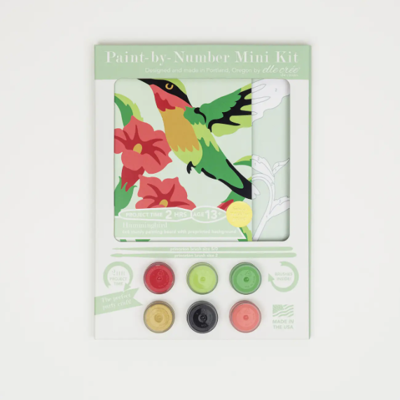 Paint by number kit featuring a humming bird in flight surrounded by flowers, includes canvas, paint set, and brushes."