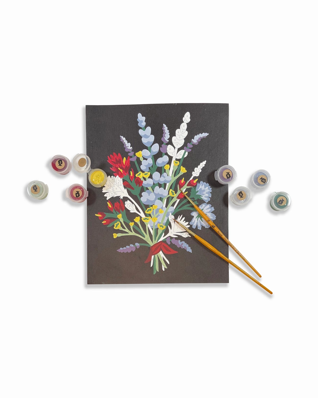 Paint by number kit featuring beautiful bouquet of Oregon wildflowers, includes canvas, paint set, and brushes."