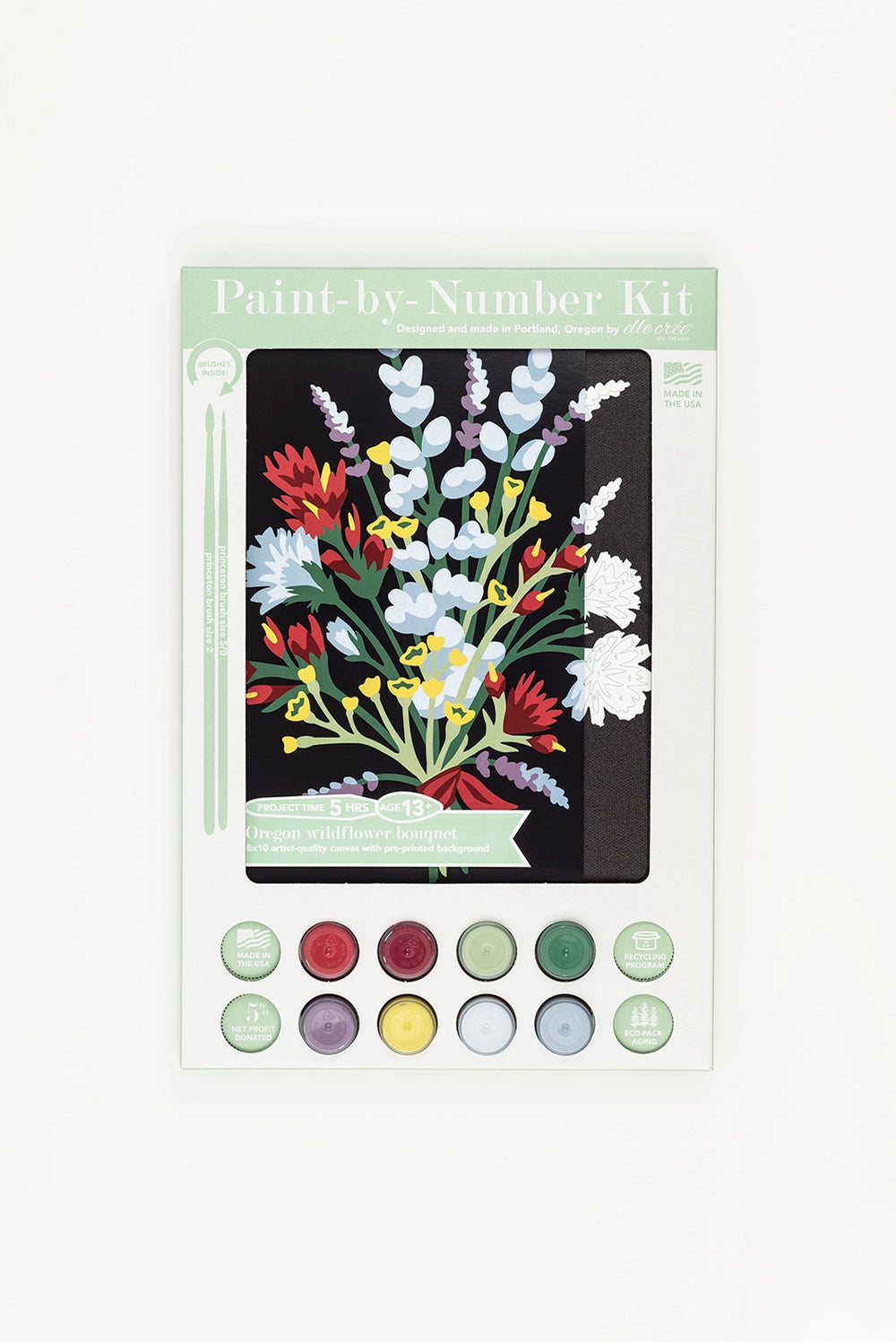 Paint by number kit featuring beautiful bouquet of Oregon wildflowers, includes canvas, paint set, and brushes."