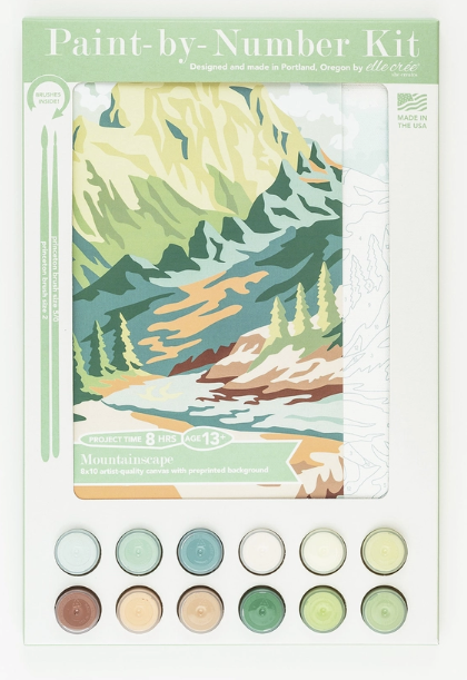 Paint by number kit featuring a a beautiful mountain scape, includes canvas, paint set, and brushes."