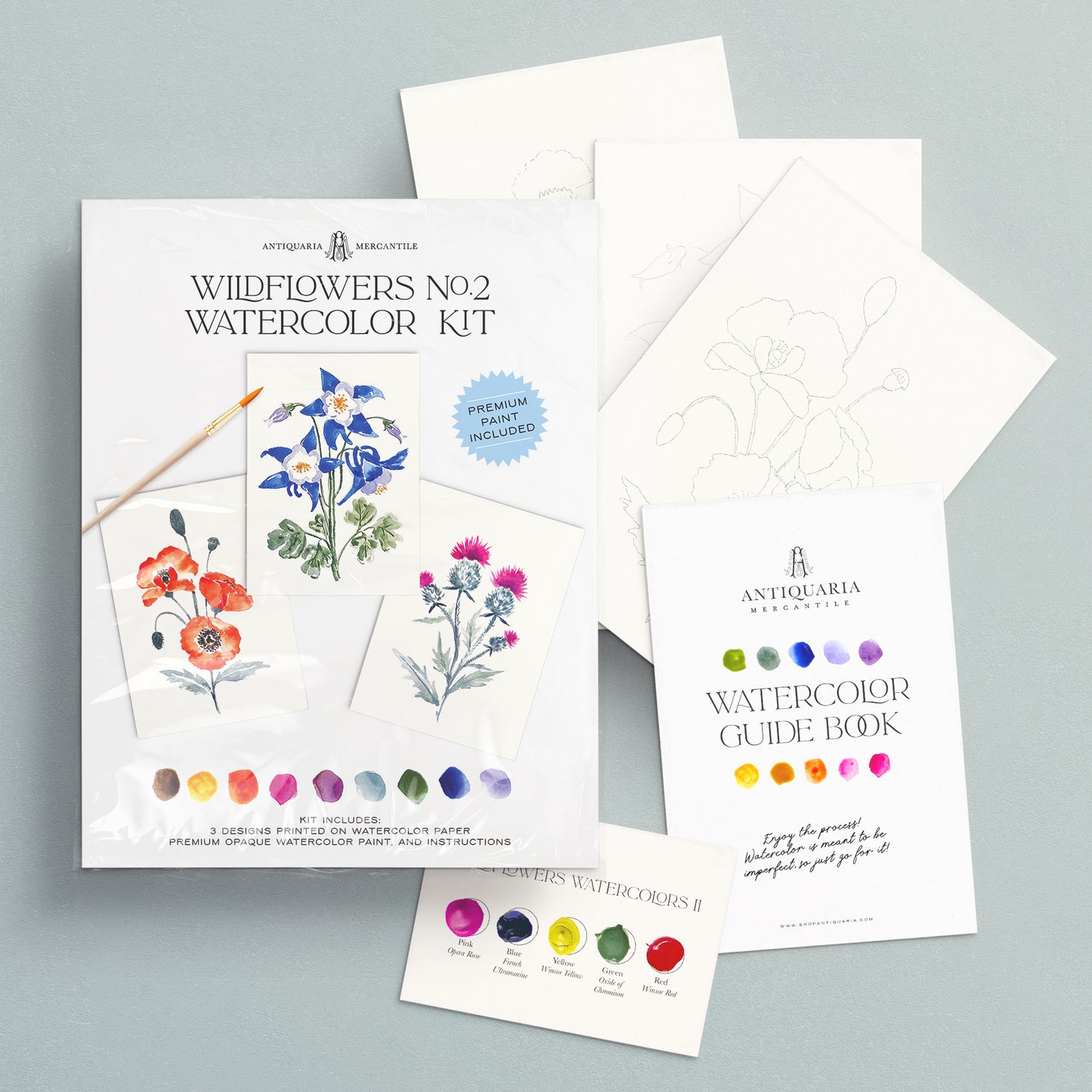 Antiquaria Wildflowers No. 2 Watercolor Kit with watercolor paper, paint swatches, and guide book on a gray background