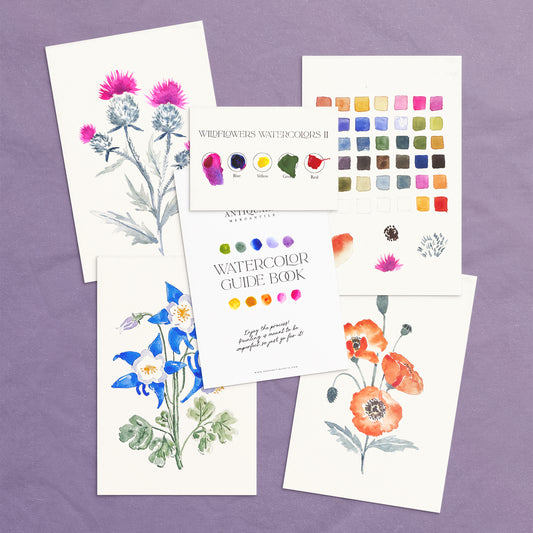 Set of watercolor guides with floral illustrations on a purple background