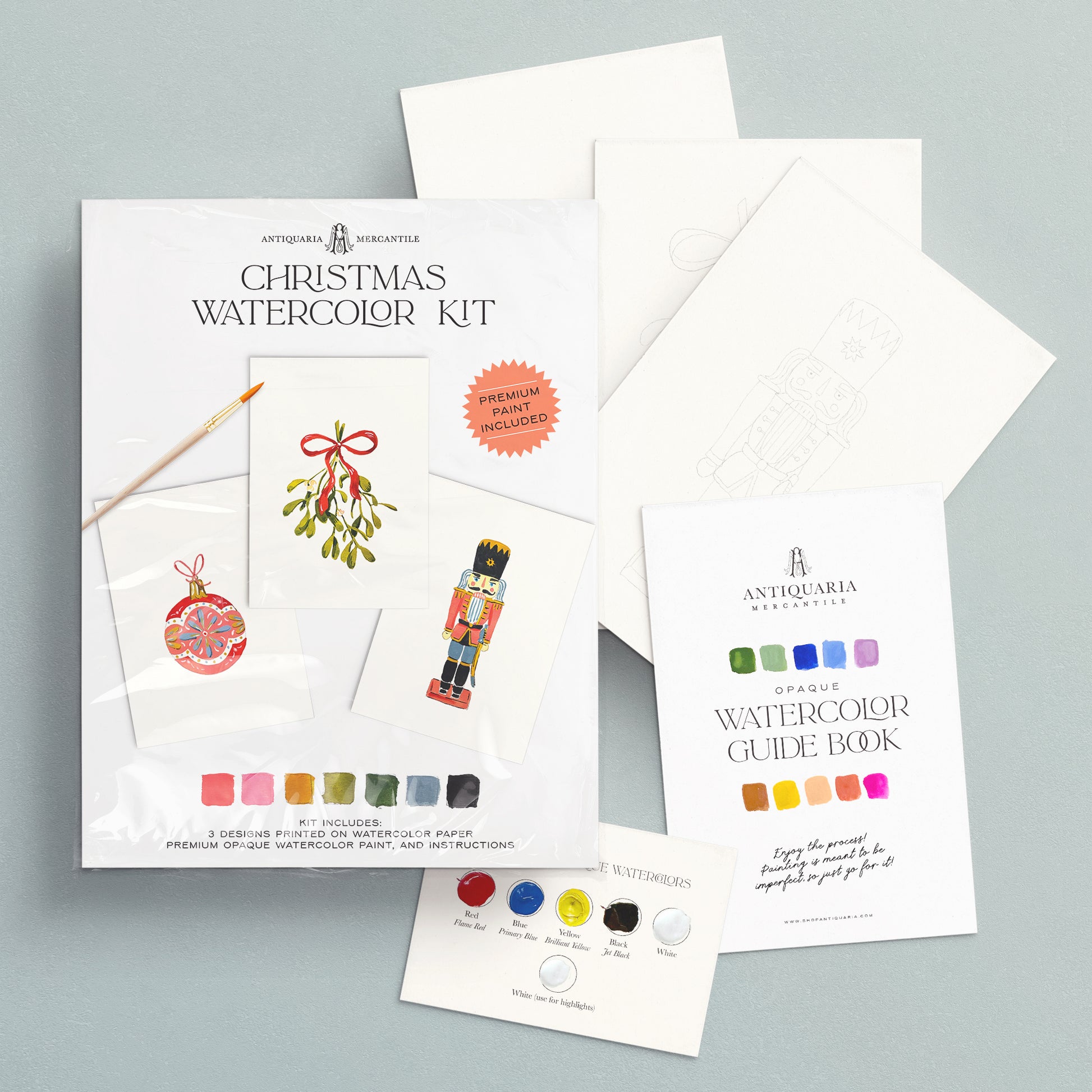 Christmas watercolor kit with guide book on a gray background
