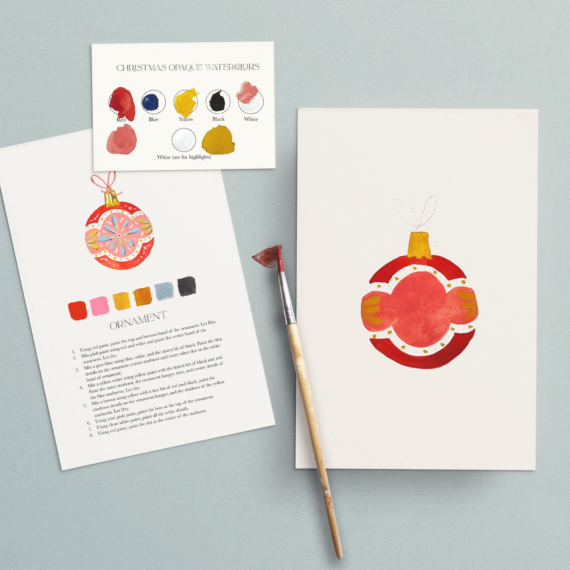Color swatches, painting guide, and watercolor ornament on a gray background