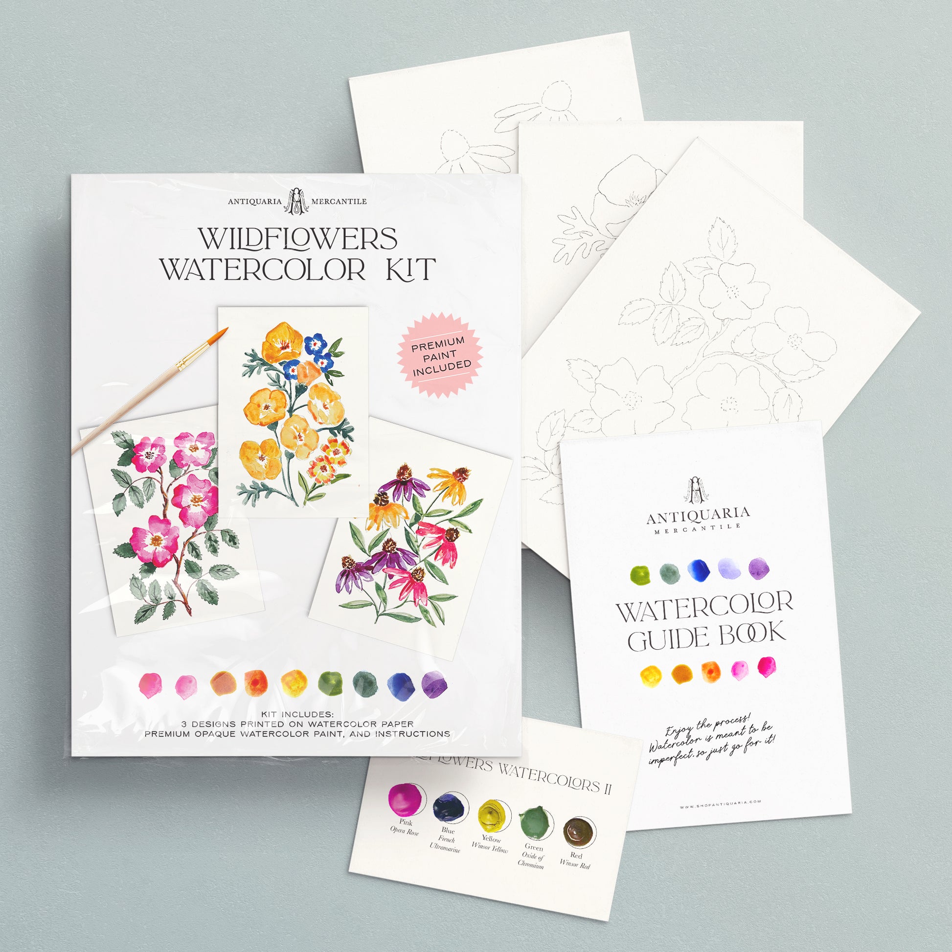 Wildflowers watercolor kit with watercolor paper, guide book, and color swatches on a gray background