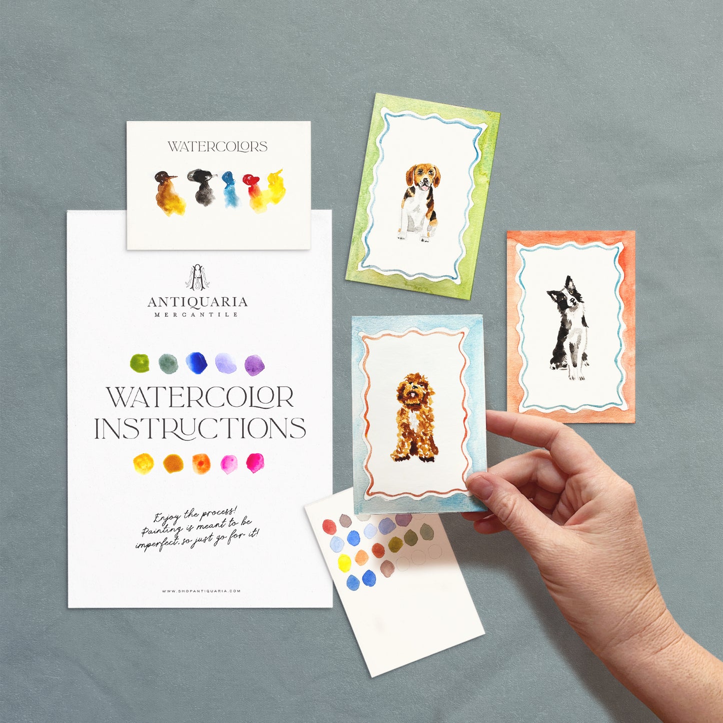 Hand holding a watercolor card with dog illustration on a gray background, featuring Antiquaria Mercesters branding.