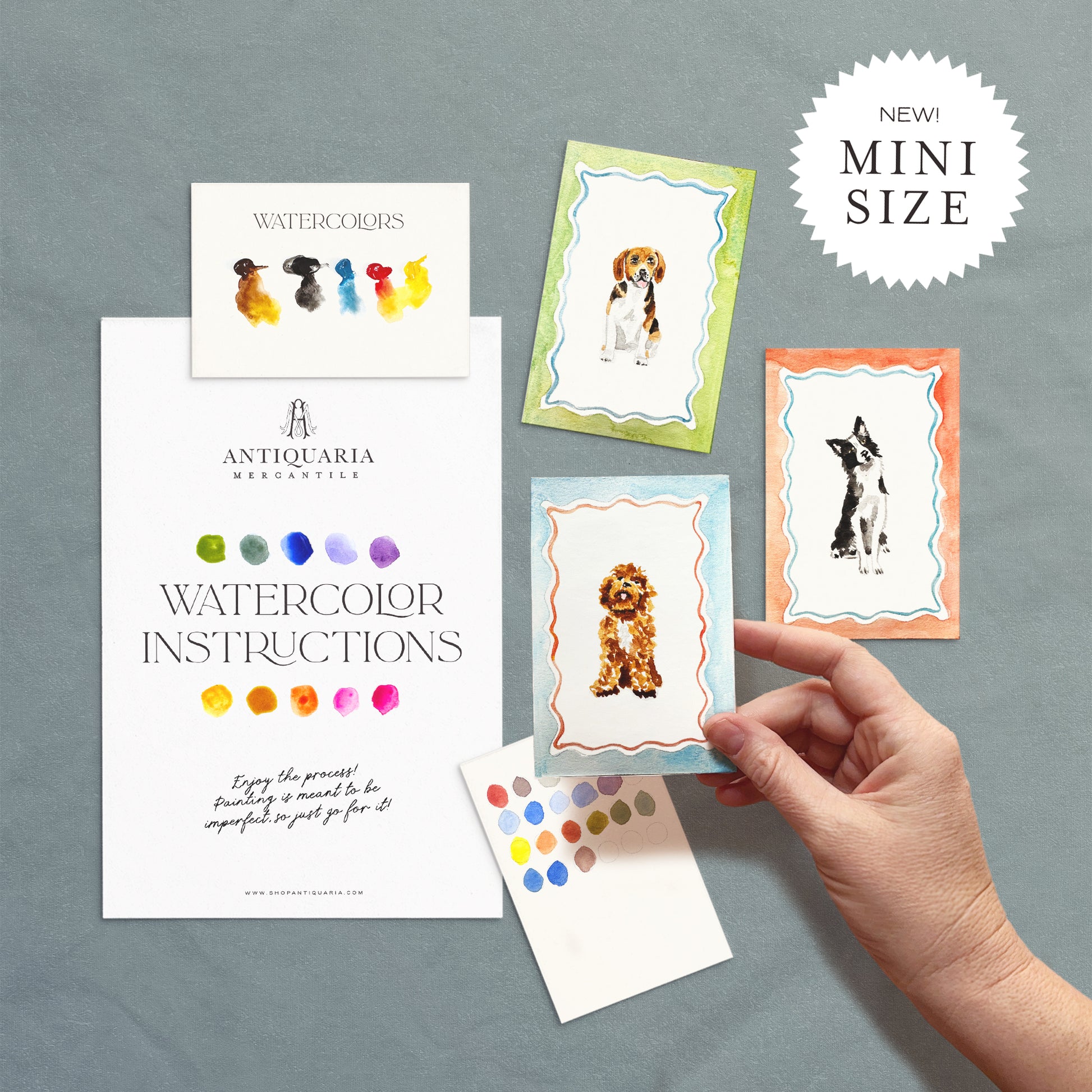 Mini watercolor instruction cards with dog illustrations on a gray background