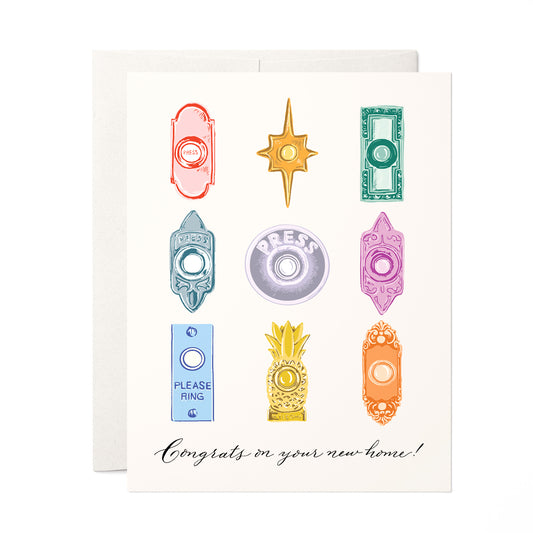 Doorbells Housewarming card with vibrant doorbell illustrations, a unique card for new homeowners