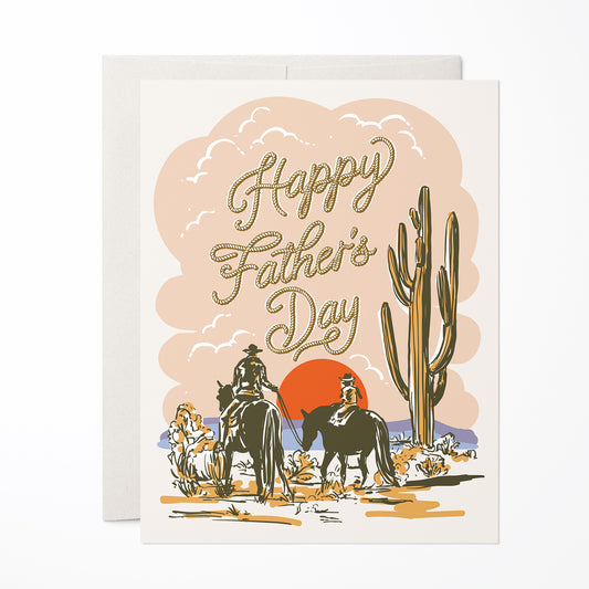  Father’s Day card with an illustration of a father and child on horses in a desert landscape.