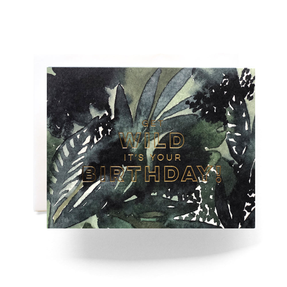 Energetic birthday card with vibrant green watercolor plants, celebrating the wild and adventurous spirit of a birthday celebration.