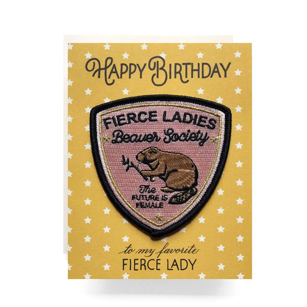 Birthday card with an iron-on patch featuring a beaver and "The Future is Female," ideal for empowering women.