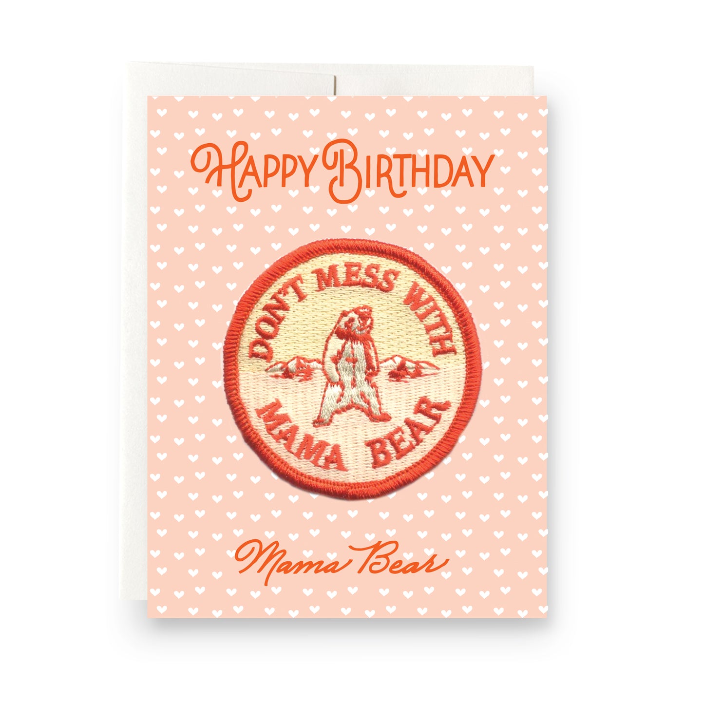 Sweet birthday card with an iron-on 'Mama Bear' patch, adorned with bear illustration, celebrating the strong and nurturing spirit of moms