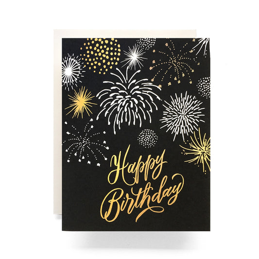 Dazzling birthday card showcasing colorful fireworks exploding in the night sky, capturing the joy and excitement of a birthday celebration.