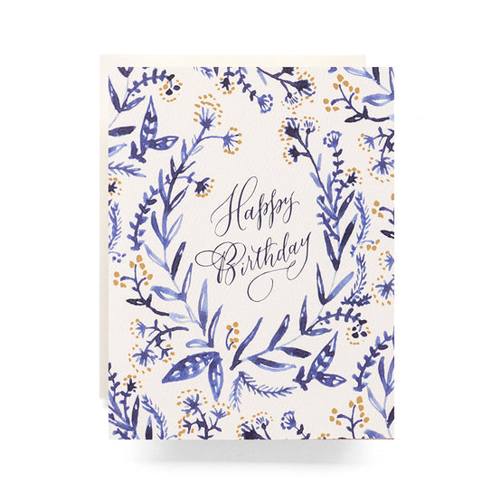 Vibrant birthday card with a striking combination of cobalt blue florals with yellow buds, creating a bold and cheerful design.