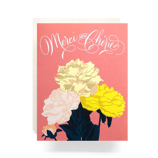 Thank you card with romantic script 'Merci Mon Cherie' and delicate floral bouquet