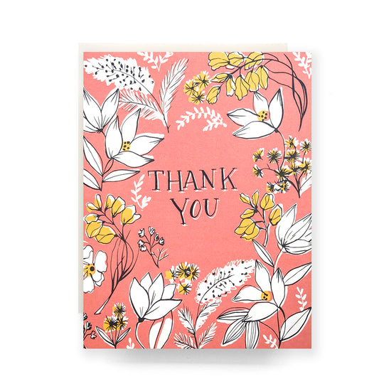 Thank you card with a classic floral toile pattern and a bold thank-you note.