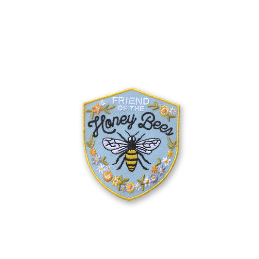 Friend of the Honey Bee embroidered iron-on patch featuring Bees, and flowers, perfect for jackets, bags, or hats to support pollinator conservation.