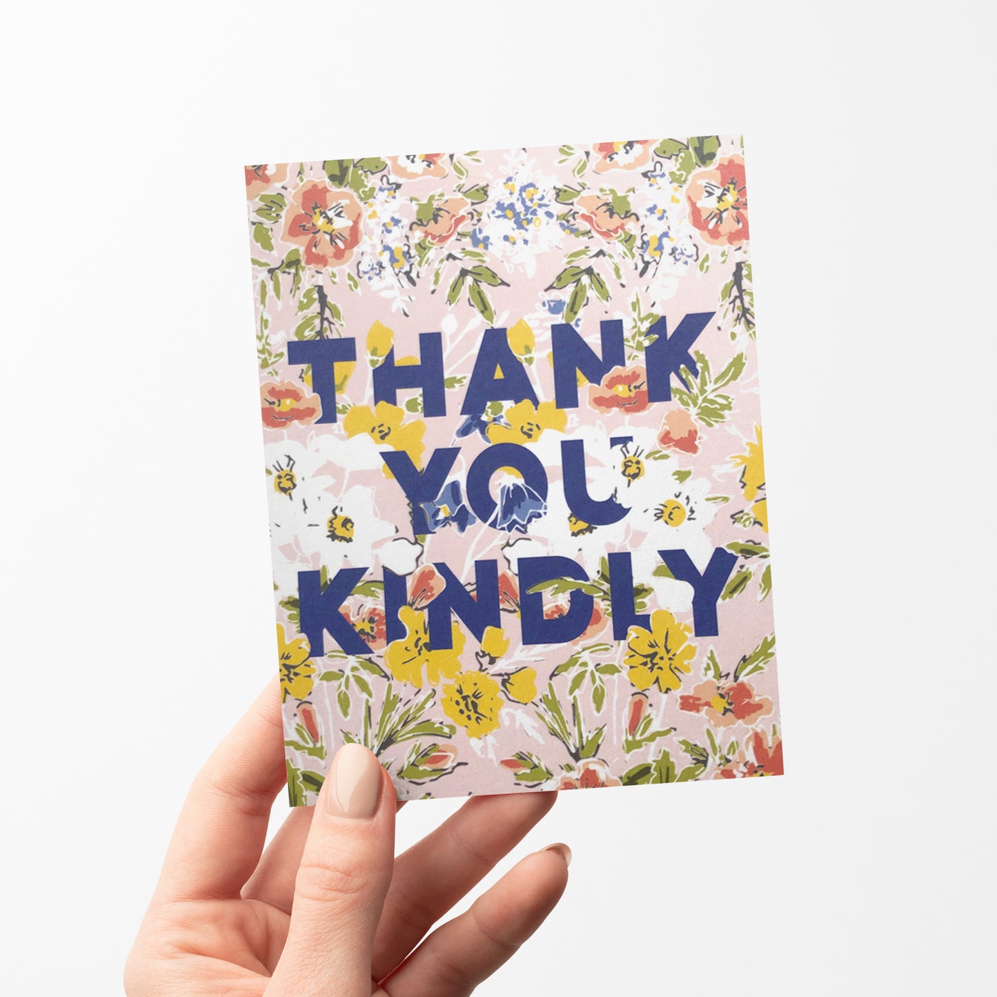 Thank you card with a delicate floral design and "thank you kindly" in bold type face