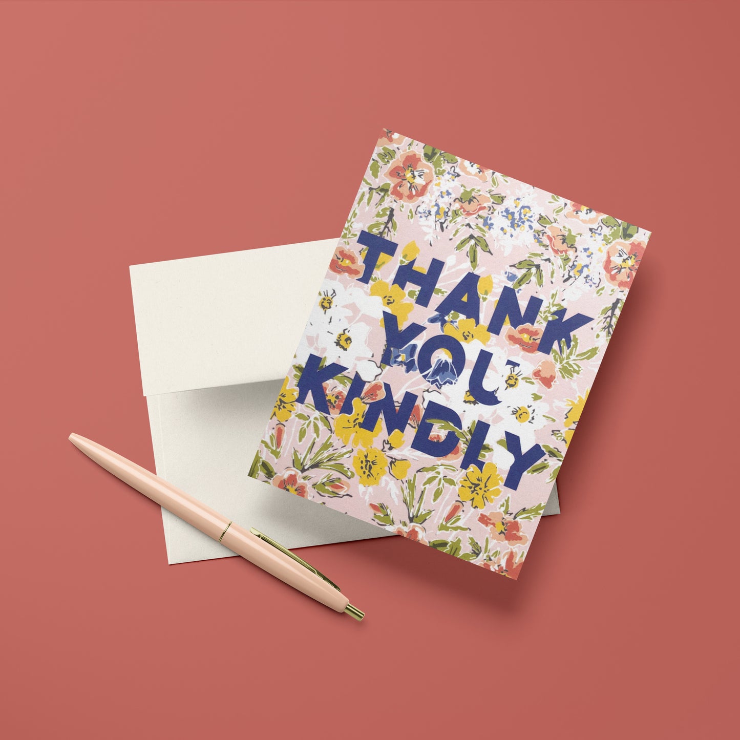 Thank you card with a delicate floral design and "thank you kindly" in bold type face