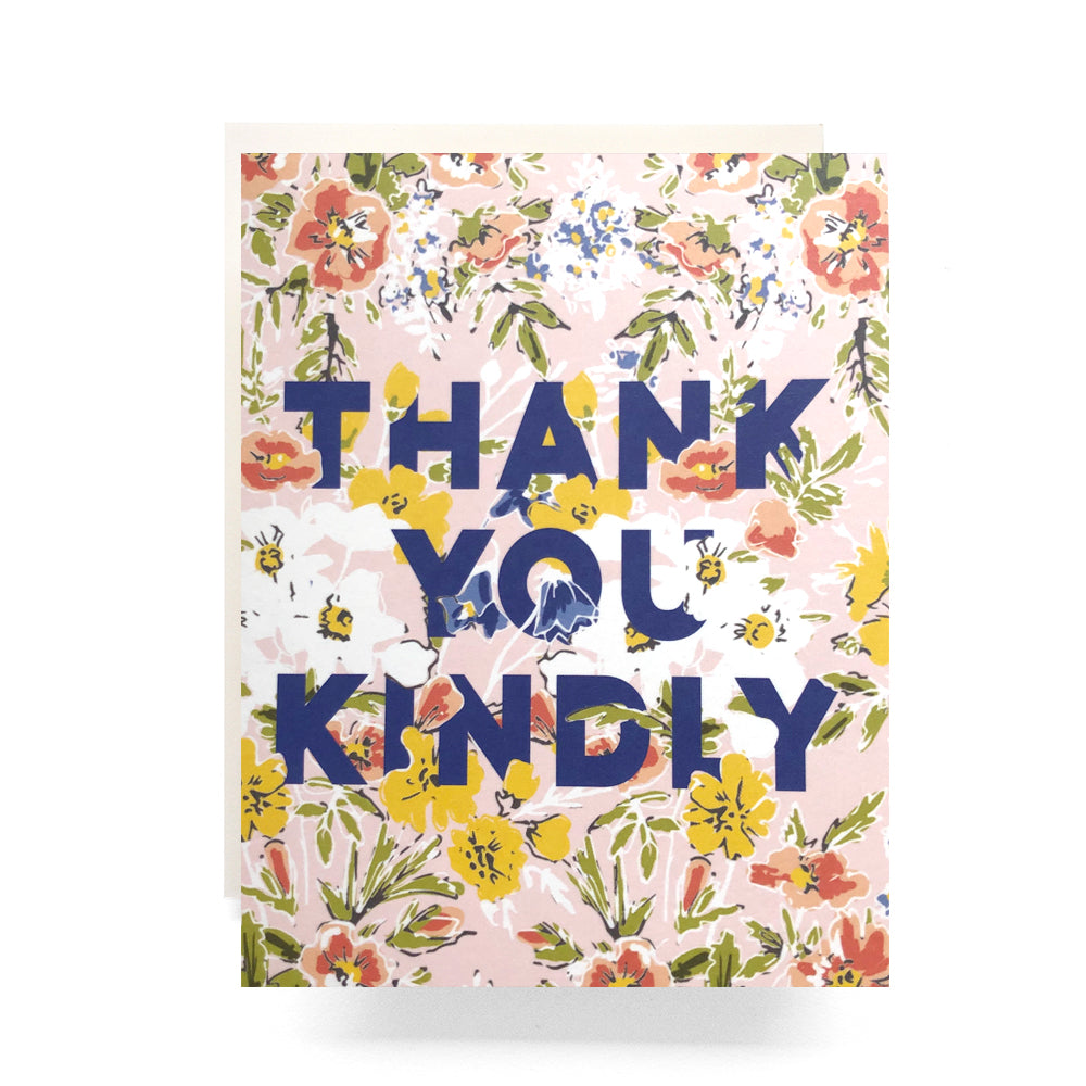 Thank you card with a delicate floral design and "thank you kindly" in bold type face