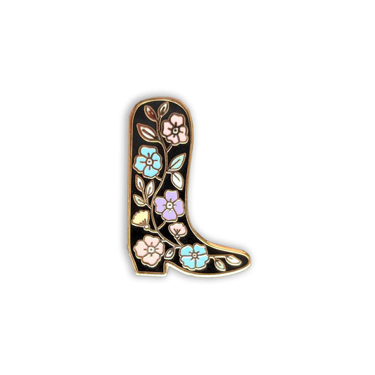 Modern cowboy boot enamel pin in bold shapes and colors, ideal for customizing jackets, planners, and accessories