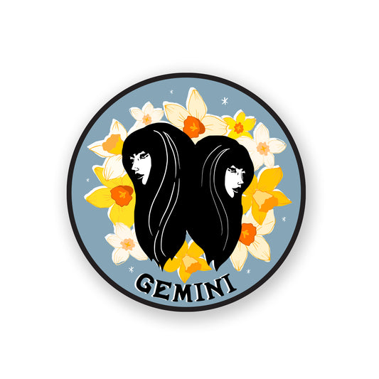 Gemini zodiac sticker with a playful twin design in bright colors, embodying versatility and communication.